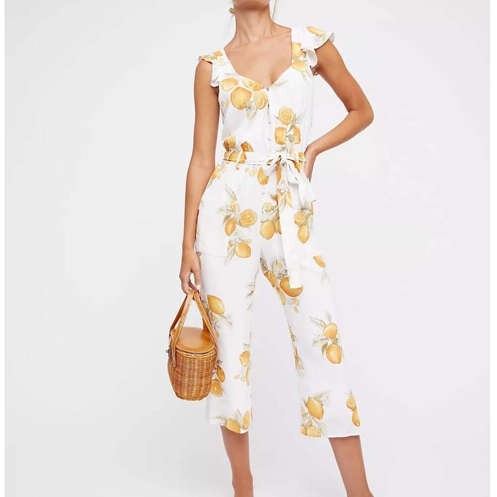 For Love & Lemons (M) Limonada Lemon Print Cropped Jumpsuit Ruffle Boho Cottage